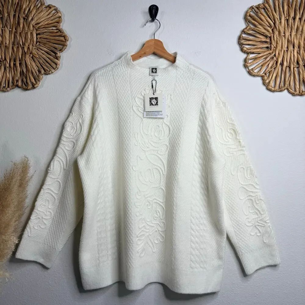 Anne Klein sweater wool blend cable knit embroidered XL